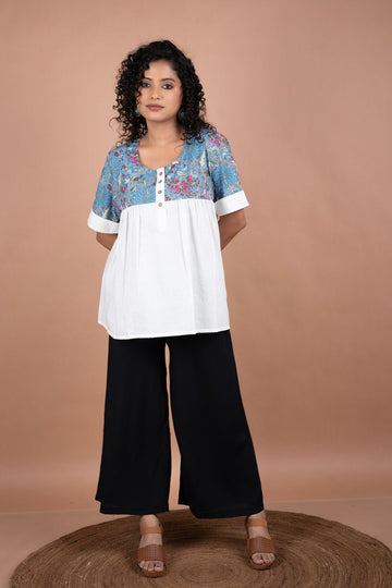 Off-White Handloom Cotton Top with Blue Printed Yoke